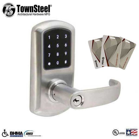 TownSteel - e-Elite 4010 - Electronic Push Button Lever Lock - RFID - 2-3/4″ Backset - Rigid Lever - Satin Chrome - Key Override - Grade 1 - UHS Hardware TownSteel - e-Elite 4010 - Electronic Push Button Lever Lock - RFID - 2-3/4″ Backset - Rigid Lever - Satin Chrome - Key Override - Grade 1 - UHS Hardware