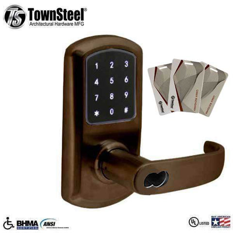 TownSteel - e-Elite 4010 - Electronic Push Button Lever Lock - RFID - IC Core (SFIC) - 2-3/4″ Backset - Rigid Lever - Oil Rubbed Bronze - Key Override - Grade 1 - UHS Hardware TownSteel - e-Elite 4010 - Electronic Push Button Lever Lock - RFID - IC Core (SFIC) - 2-3/4″ Backset - Rigid Lever - Oil Rubbed Bronze - Key Override - Grade 1 - UHS Hardware
