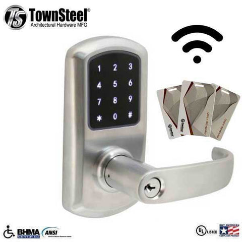 TownSteel - e-Elite 5010 - Electronic Push Button Lever Lock - WiFi - 2-3/4″ Backset - Rigid Lever - Satin Chrome - Key Override - Grade 1 - UHS Hardware TownSteel - e-Elite 5010 - Electronic Push Button Lever Lock - WiFi - 2-3/4″ Backset - Rigid Lever - Satin Chrome - Key Override - Grade 1 - UHS Hardware