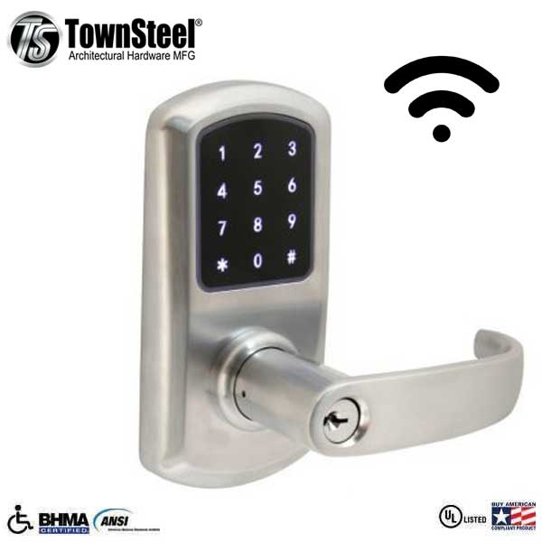 TownSteel - e-Elite 5010 - Electronic Push Button Lever Lock - WiFi - 2-3/4″ Backset - Rigid Lever - Satin Chrome - Key Override - Grade 1 - UHS Hardware TownSteel - e-Elite 5010 - Electronic Push Button Lever Lock - WiFi - 2-3/4″ Backset - Rigid Lever - Satin Chrome - Key Override - Grade 1 - UHS Hardware