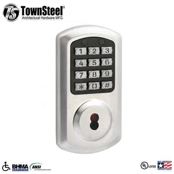TownSteel - e-Smart-2000 - Electronic Push Button Deadbolt - SFIC - 6 Pin - Satin Chrome - Grade 2 - UHS Hardware TownSteel - e-Smart-2000 - Electronic Push Button Deadbolt - SFIC - 6 Pin - Satin Chrome - Grade 2 - UHS Hardware