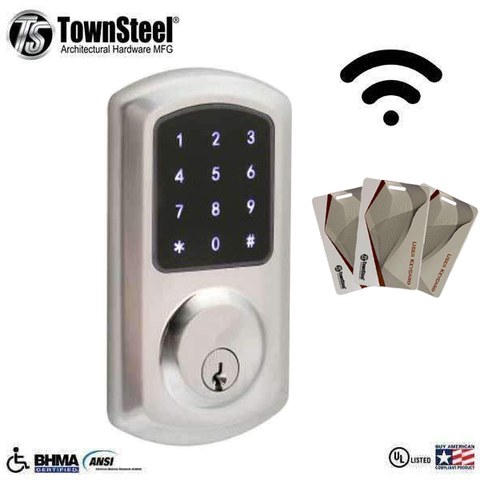 TownSteel - e-Smart 5000 - Electronic Push Button Deadbolt - WiFi - RFID - Key Override - Satin Chrome - Grade 2 - UHS Hardware TownSteel - e-Smart 5000 - Electronic Push Button Deadbolt - WiFi - RFID - Key Override - Satin Chrome - Grade 2 - UHS Hardware