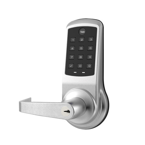 YALE - NexTouch - Commercial Electronic Keypad Lever Lock - Augusta Lever - Pushbutton Keypad w/ Key Override - 2-3/4" Backset - Schlage C Keyway - Satin Chrome - Grade 1