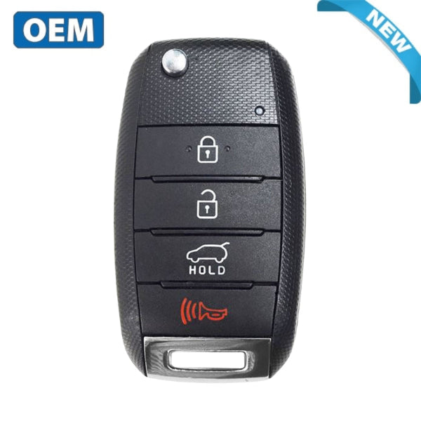 Full view of 2019 Kia Sedona 4-button remote key fob displaying lock, unlock, trunk, and panic buttons.