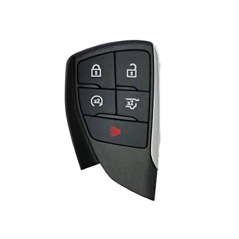 Close-up of GMC smart key buttons, featuring lock, unlock, remote start, trunk release, and panic alarm functions.