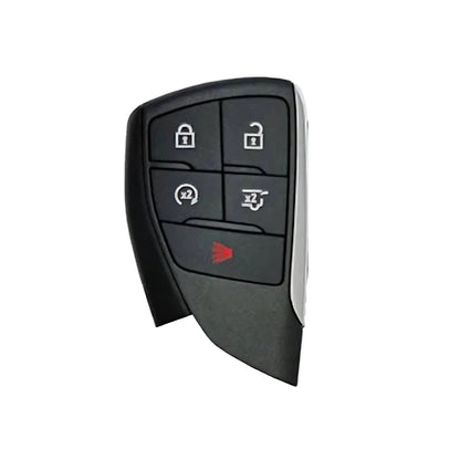 Close-up of GMC smart key buttons, featuring lock, unlock, remote start, trunk release, and panic alarm functions.