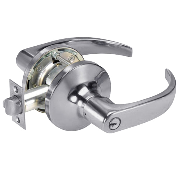 Close-up view of the YALE PB5407LN-626 cylindrical lock, showcasing its Pacific Beach lever design and satin chrome finish.