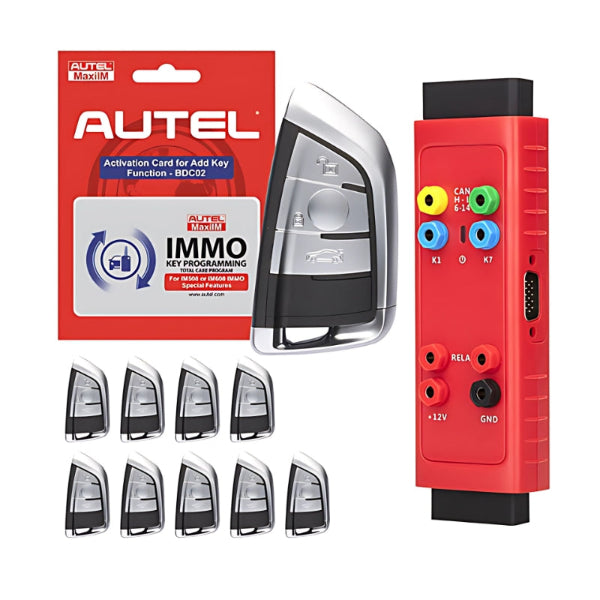 Close-up of AUTEL-IKEYBRAZ3GB full bundle with software card, G-BOX3, and 3 Button BMW-style smart keys