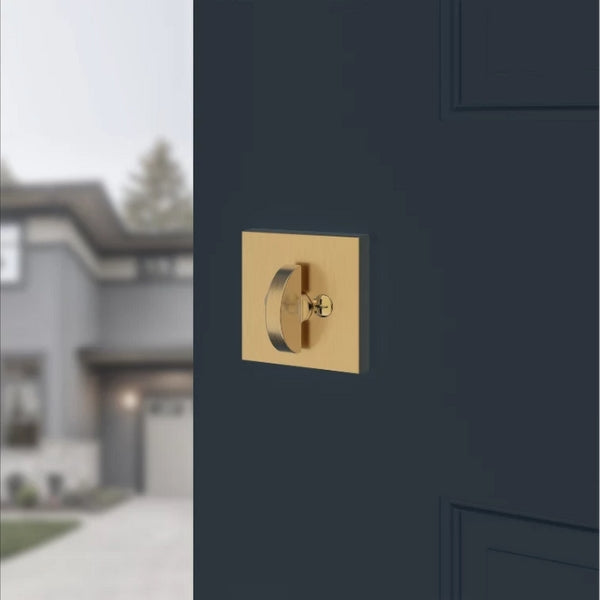 Baldwin Contemporary Square Deadbolt Satin Brass - Installed on a Wooden Door