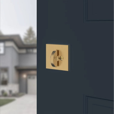 Baldwin Contemporary Square Deadbolt Satin Brass - Installed on a Wooden Door