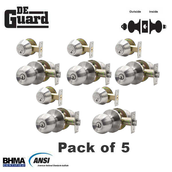 5 x Premium Combo Lockset - Stainless Steel - Entrance - Grade 3 - KW1 (Pack of 5)