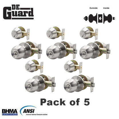 5 x Premium Combo Lockset - Stainless Steel - Entrance - Grade 3 - KW1 (Pack of 5)