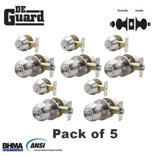 5 x Premium Combo Lockset - Stainless Steel - Entrance - Grade 3 - KW1 (Pack of 5)