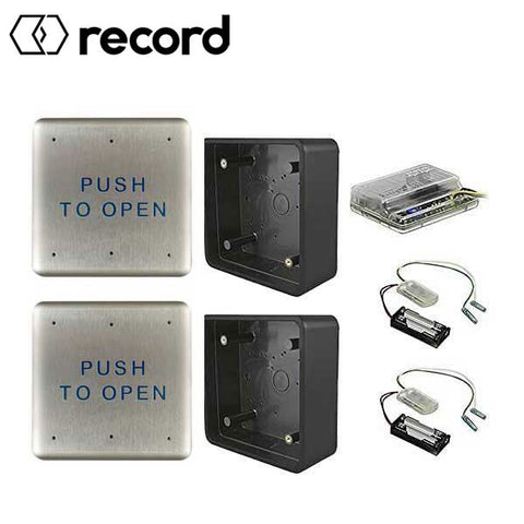 Record - W6-133 - Wireless Push Button Activation Kit - 2- 4.5" push plates 2 - mounting boxes 2 - transmitters & 1 receiver
