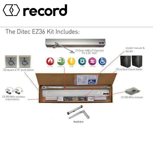 Record - EZ 36 Wireless Automatic Door Kit - PULL Arm - Universal Straight Arm - 39" Header (36" Door) - Antique Bronze - - For Single Doors