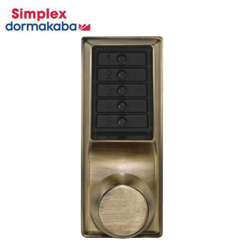 Simplex - 1011 - Mechanical Pushbutton Cylindrical Lever Set - 2¾" Backset - Antique Brass Finish - Field Reversible