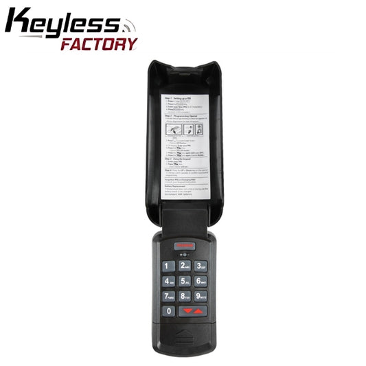KeylessFactory black weatherproof garage door keypad mounted on a wall