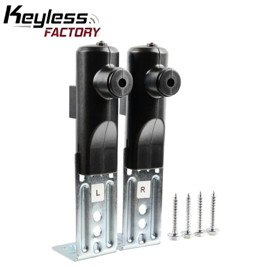 Close-up of KeyLess Factory Garage Door Opener Safety Beam Sensor Eyes Replacement Kit with gate brackets and mounting hardware.