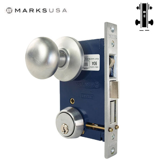Marks USA - Series 22AC - Ornamental Iron Mortise Lockset - Double Cylinder - Backset 2-1/2" - 1" x7-1/8" Lock Front - Entrance - Satin Chrome - Optional Handing