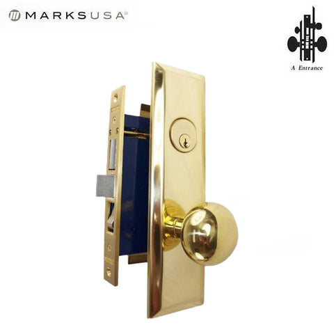 Marks USA - 9NY10A/3 - New York Mortise Lock Knob - 1-1/16" x 7-5/8" - US3/605 - Polished Brass - Entrance - RH