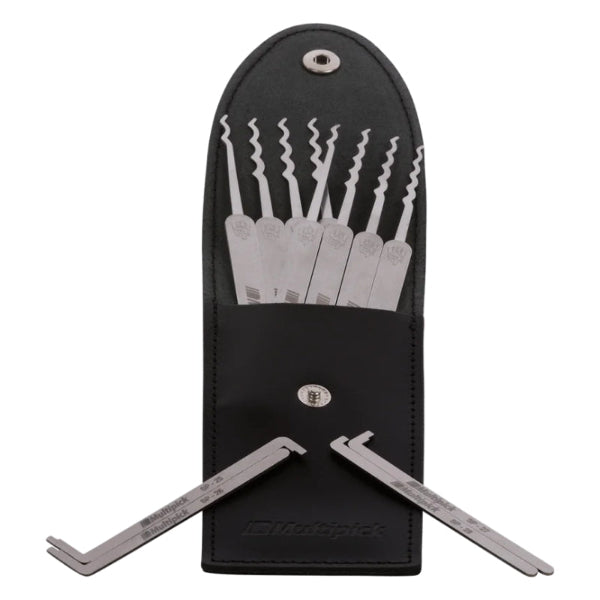 Close-up of 0.6mm Christina Palmer lock picks in leather case