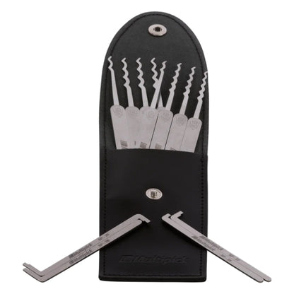 Close-up of 0.6mm Christina Palmer lock picks in leather case