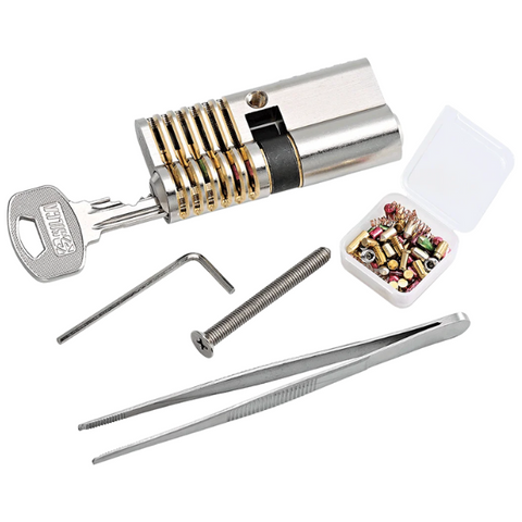 Euro profile cylinder training lock set with tools and re-pinning accessories