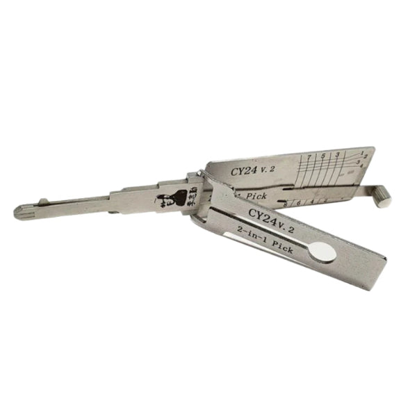 Close-up of Lishi CY24 anti-glare pick tool with engraved markings