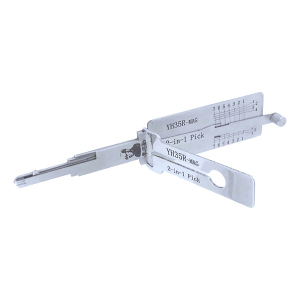Close-up of Original Lishi YH35R-MAG pick and decoder tool for Yamaha ignitions