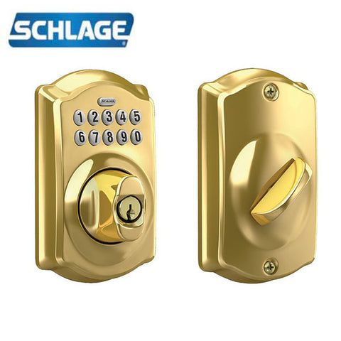 Schlage - BE365 - Cylinder Keypad Programmable Pushbutton Deadbolt Lock - Camelot Trim - Bright Brass - Grade 2