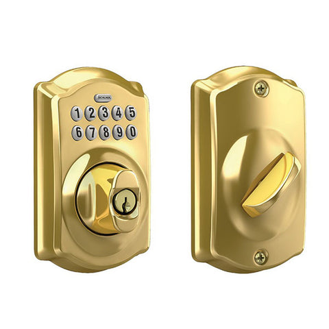 Schlage - BE365 - Cylinder Keypad Programmable Pushbutton Deadbolt Lock - Camelot Trim - Bright Brass - Grade 2