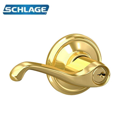 Schlage - F51A - Triple Option Adjustable Backset - Single Cylinder Keyed Entry - Flair Lever - Bright Brass - Round Rose - Grade 2