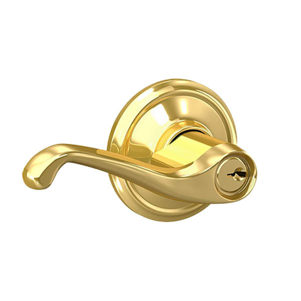 Schlage - F51A - Triple Option Adjustable Backset - Single Cylinder Keyed Entry - Flair Lever - Bright Brass - Round Rose - Grade 2