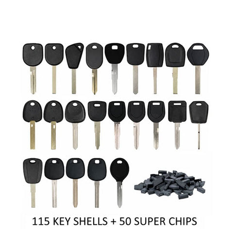 KeylessFactory - Automotive Transponder Key Shells + Xhorse Super Chips Bundle (115 Shells + 50 Super Chips) (AFTERMARKET)