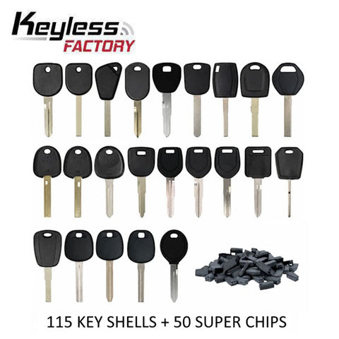 KeylessFactory - Automotive Transponder Key Shells + Xhorse Super Chips Bundle (115 Shells + 50 Super Chips) (AFTERMARKET)