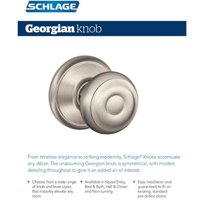 Details of Schlage Georgian-style non-locking passage door knob, highlighting its Antique Pewter finish and classic design.