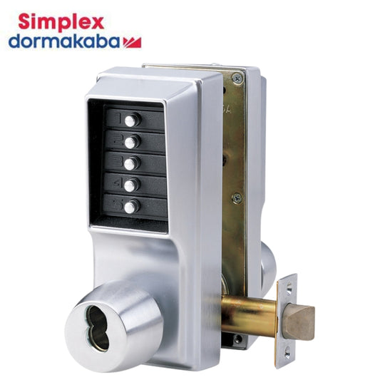 Simplex - EE1021BEE1011‑26D‑41 - Cylindrical Knob Lock - Combination or Key Override Entry - Combination Exit Only - 2¾ Backset - 12 Throw Latch - Satin Chrome 626US26D Finish
