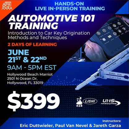 Hands-On Live In-Person Training - Beginners Automotive 101 Training - Introduction to Car Key Origination Methods and Techniques - Full 2 Day Course (June 21st and 22nd, 9AM to 5PM EST - Hollywood, Florida)