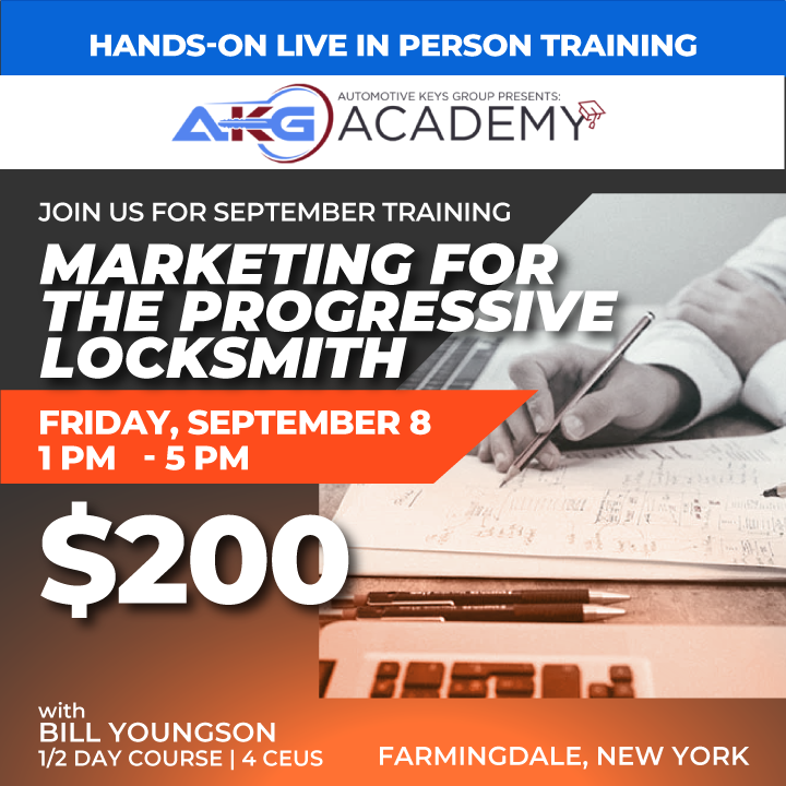 Hands-On Live In-Person Training - Marketing For The Progressive Locksmith with Bill Youngson - 1/2 Day Course - 4 CEU's (September 8, 2023 - Farmingdale, NY)
