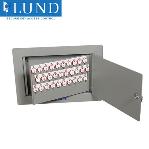 Lund - Small Recess-In-Wall Key Cabinet - Optional Tag System - Optional Capacity - 11 Gauge - Grey Powder Coat Finish