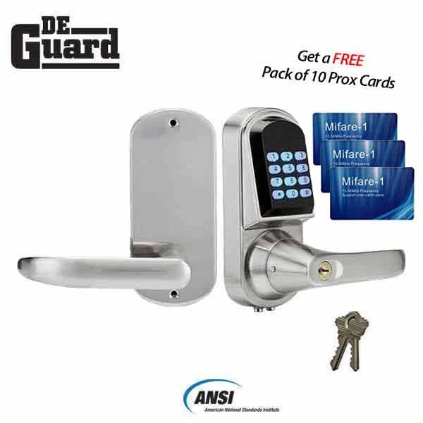 Electronic Lever Lock – SS – Satin Silver – w/ Programmable Prox Card & Key Override- 10 FREE Prox Cards - UHS Hardware
