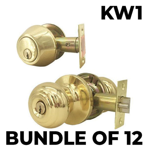 x12 Premium Combo Lockset - Knob & Deadbolt - Polished Brass - PB - KW1 (BUNDLE OF 12) - UHS Hardware