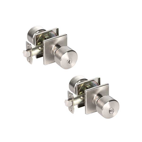 2x Contemporary Flat Ball Door Knob Set - Entrance - Square Rose - Satin Nickel - Grade 3  (KW1) (BUNDLE OF 2) (2 For 1) - UHS Hardware
