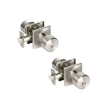 2x Contemporary Flat Ball Door Knob Set - Entrance - Square Rose - Satin Nickel - Grade 3  (KW1) (BUNDLE OF 2) (2 For 1) - UHS Hardware