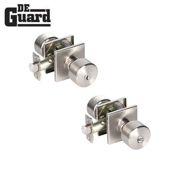 2x Contemporary Flat Ball Door Knob Set - Entrance - Square Rose - Satin Nickel - Grade 3  (KW1) (BUNDLE OF 2) (2 For 1) - UHS Hardware