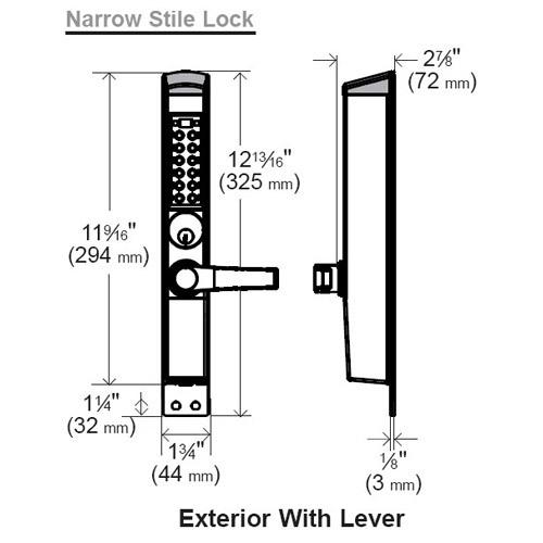 E-Plex E3066 Electronic  Narrow-Stile Pushbutton Lever Lock - Schlage 'C' - Adams Rite - Deadbolt - 626 - Satin Chrome w/ Key Override - UHS Hardware