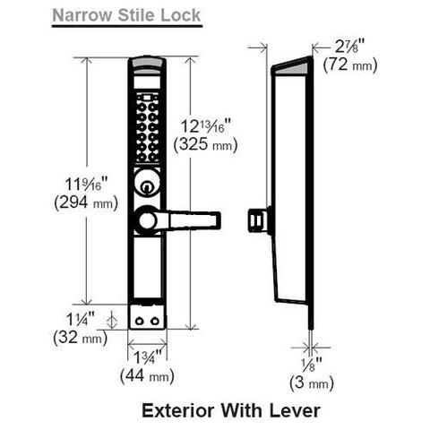 E-Plex E3065 Electronic  Narrow-Stile Pushbutton Lever Lock -  Schlage 'C' - Adams Rite - Dead Latch - 626 - Satin Chrome w/ Key Override - UHS Hardware