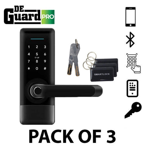 3 x DeGuard Pro - Premium Electronic Keyless Entry Smart Lever Set - H1B - Hotel / Multifamily - Bluetooth / Fingerprint / RFID / Wi-Fi - IP55 - Black (Pack of 3)