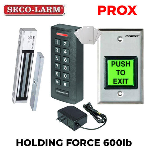 Seco-Larm - Single Door Maglock - 600-lb Holding Force w/ PROX Keypad & Single Gang Wall Plate w/ 12VDC Plug-in Transformer - UHS Hardware