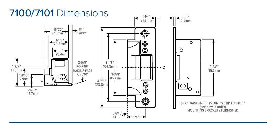 Adams Rite - 7100 - Electric Strike for Adams Rite & Cylindrical Locks -  Anodized Aluminum - Fail Secure - 1-1/4" x 4-7/8" Flat Radius Plate - 12VDC - UHS Hardware